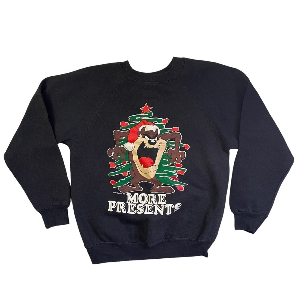 Vintage 1989 Warner Bros Taz More Presents Black Crewneck Sweatshirt